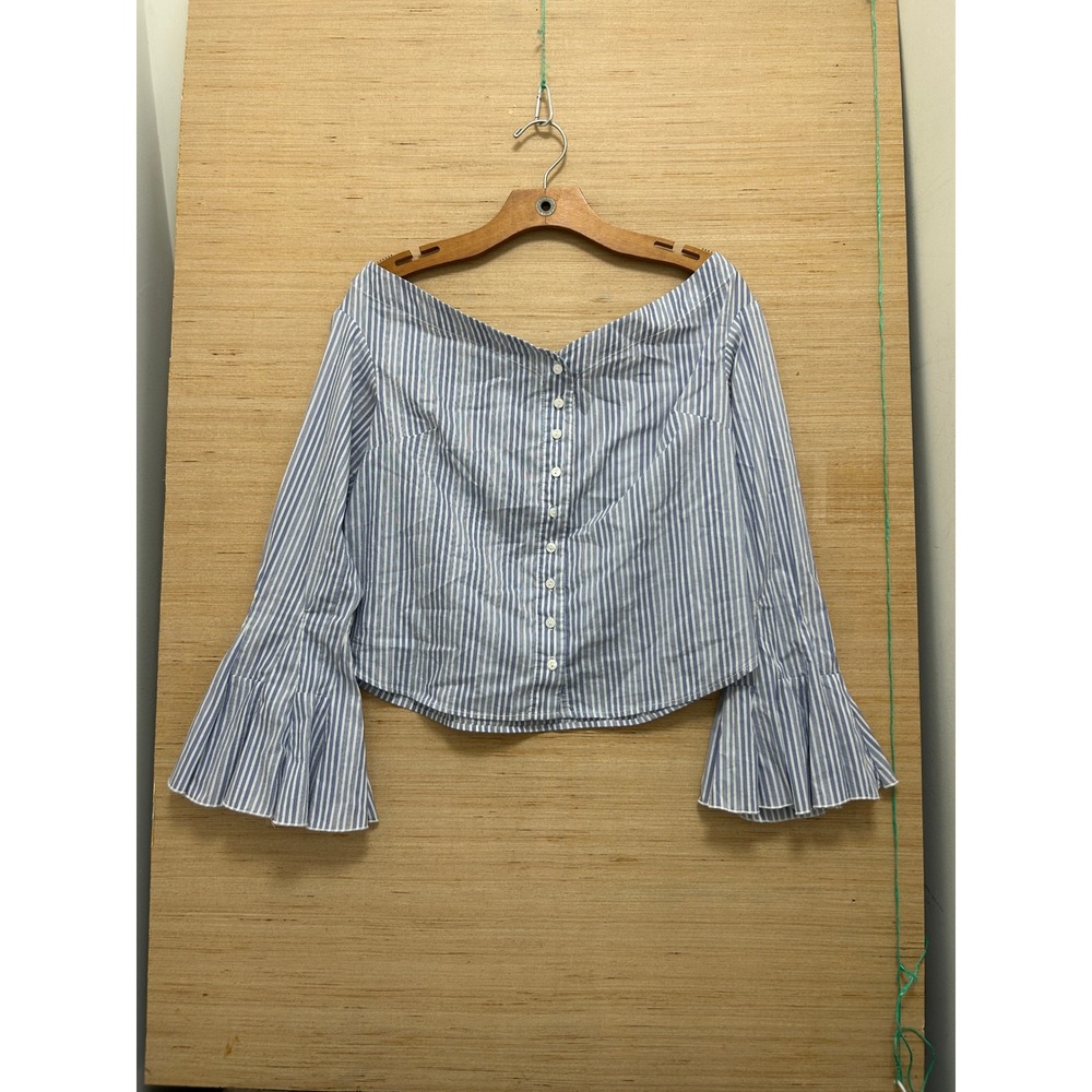 Free People Blue White Striped Off Shoulder Bell Sleeve Button Down Top XS